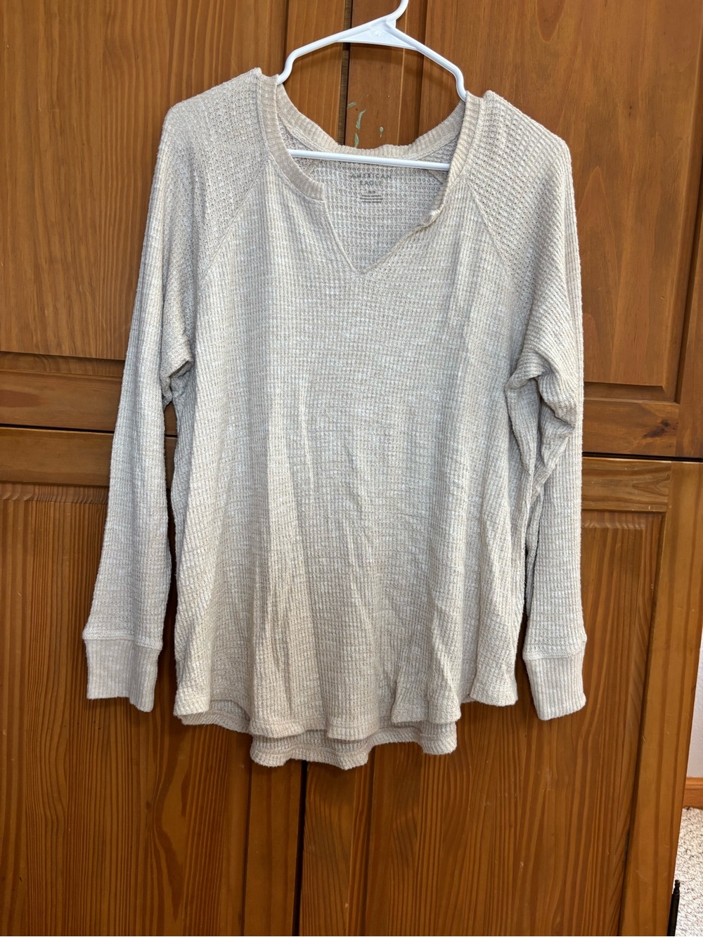 American Eagle Outfitters Cream Waffle-Knit V-Neck Sweater